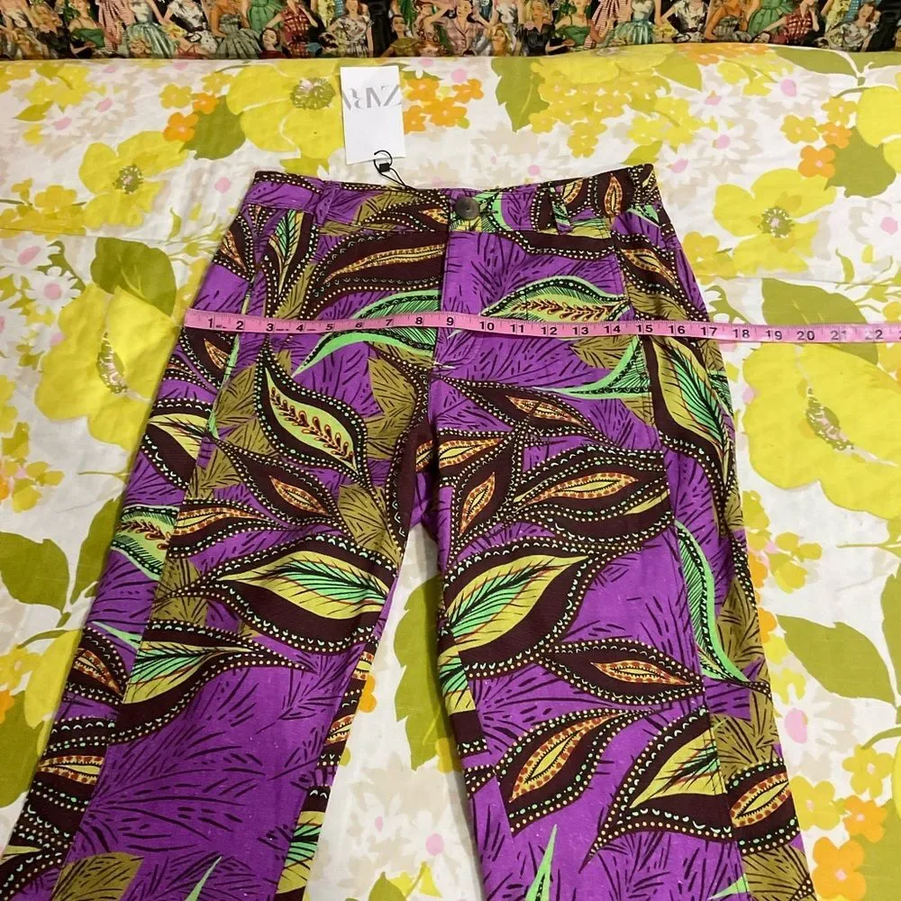 Zara Linen High Waisted Hi Rise Flare Patterned Pants Small